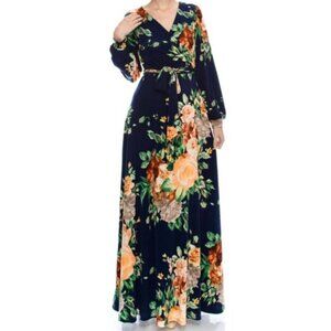 Janette Fashion Navy Orange Floral V-neck Bell Long Sleeve Faux Wrap Maxi Dress